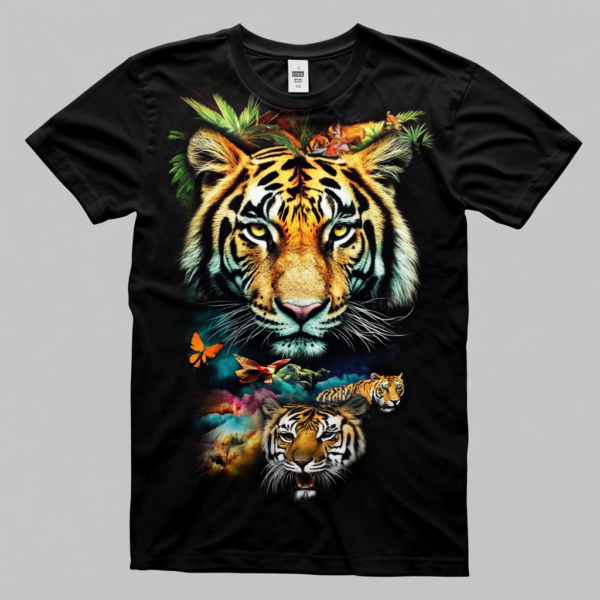 Black t-shirt with vibrant tiger graphic